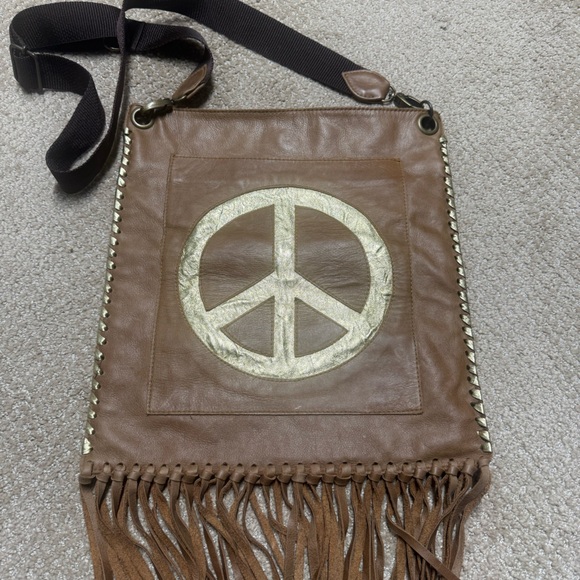 Eyes of Ruth Boho Brown Fringe Crossbody Bag with Peace Emblem - Picture 1 of 7